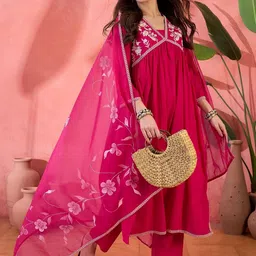 HERE&NOW Women Floral Embroidered Empire Thread Work Pure Cotton Kurta with Trousers & With Dupatta-picture-14