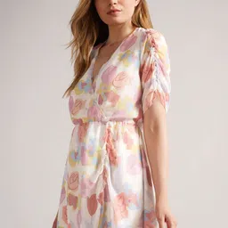 DressBerry Women Floral Printed V-Neck Gathered or Pleated Party A-Line Dress image 3