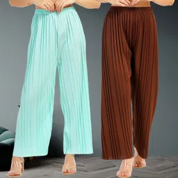 kwsh Pack of 2 Women Regular Fit Light Green, Brown Viscose Rayon Trousers-picture-27