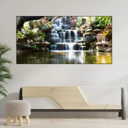 nestroots Black Canvas Framed Tropical Oasis Waterfall Escape Wall Painting(12X24 Inch)-picture-19