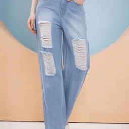 PUELLA Women Flared High-Rise Highly Distressed Light Fade Jeans-image-44