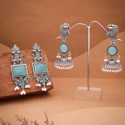 Anouk Set Of 2 Silver-Plated Artificial Stones and Beaded Contemporary Drop Earrings-image-81