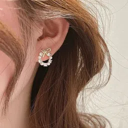 PolluxCraft Gold Plated Stones Studded And Pearls Beaded Korean Circular Shaped Studs image 2