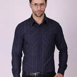 PIER 7 Men Classic Slim Fit Textured Spread Collar Cotton Formal Shirt-image-0