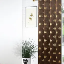 GEET CREATIONS Brown & Gold Single Floral Room Darkening Window Eyelet Curtain-image-79
