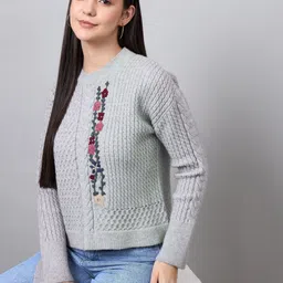 Spink Women Self Design Cable Knit Embroidered Pullover-image-10