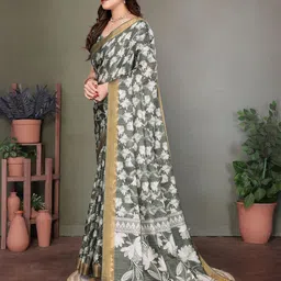 vj fashion Floral Zari Linen Blend Saree image 3
