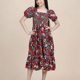 Pinly Floral Print Puff Sleeve Crepe Fit & Flare Midi Dress-picture-41