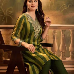 Sangria Women Striped Regular Thread Work Kurta with Trousers-picture-37