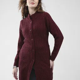 Monte Carlo Women Cable Knit Self Design Mock Collar Woollen Longline Cardigan-picture-28