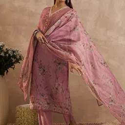 Indo Era Women Floral Embroidered Regular Thread Work Linen Kurta Set With Dupatta image 3