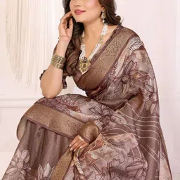 kalini Brown Mulberry Silk Digital Printed Saree With Contrast Blouse Piece image 5