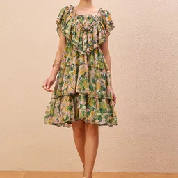 Antheaa Women Floral Printed V-Neck Flutter Sleeves Fit & Flare Dress-picture-23