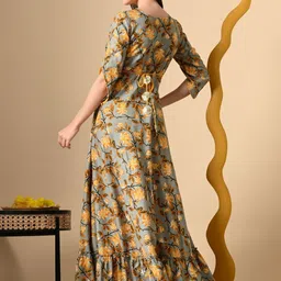 Jaipurite Floral Printed Round Neck Flared Ethnic Maxi Dresses image 3