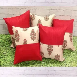 Pink Parrot Red & Cream-Coloured 5 Pieces Printed Jacquard Silk Square Cushion Covers-image-39