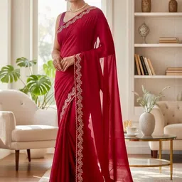 D tales Embellished Beads and Stones Poly Chiffon Heavy Work Saree image 1