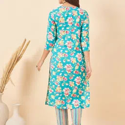 Anouk Turquoise Blue Floral Printed V-Neck Pure Cotton Kurta With Trouser image 4
