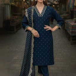 JANOI Women Ethnic Motifs Embroidered Regular Thread Work Kurta with Trousers & With Dupatta-picture-13