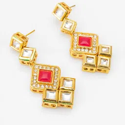 Anouk Gold-Plated Kundan & Artificial Stones Studded Diamond Shaped Drop Earrings image 4