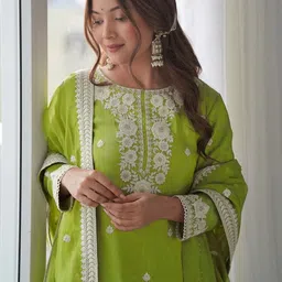 Kedar Fab Women Ethnic Motifs Embroidered Regular Thread Work Pure Silk Kurta with Sharara & With Dupatta-image-36