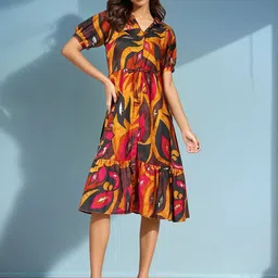 FIXOCRA Women Abstract Printed Tie-Ups A-Line Knee Length Dresses-picture-30