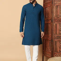 FoxDX Men Geometric Flared Sleeves Thread Work Kurta-picture-39