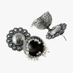 Sangria White Silver Plated Oxidised Artificial Beads Beaded Dome Shaped Jhumkas image 5