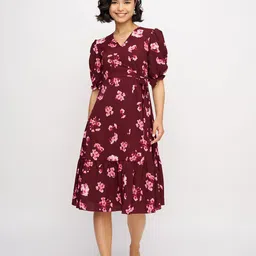 AASK Floral Print Puff Sleeve Fit & Flare Dress-image-1