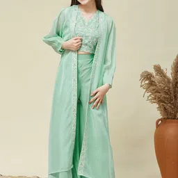 CurlyTales Girls Embroidered Top & Palazzos With Shrug Co-Ord Set-image-16