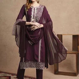DIVASTRI Floral Embroidered Notch Neck Straight Kurta With Trousers And Dupatta-image-86