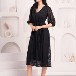 BAESD Women Self Design Tie-Ups Fit And Flare Midi Dress image 3