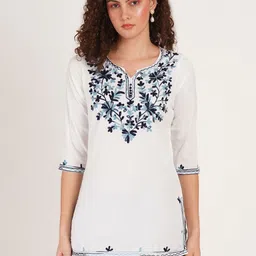 Missethic Women Floral Embroidered V-Neck Pure Cotton Kurti-image-12