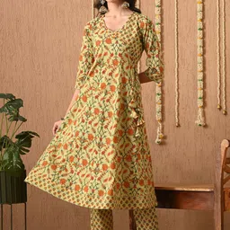 Anouk Floral Printed V-Neck Angrakha Pure Cotton Anarkali Kurta With Trouser And Dupatta image 3