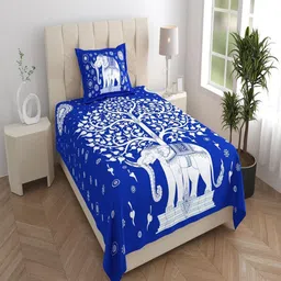 Aura Blue & White Ethnic Motifs 120 TC Single Bedsheet with 1 Pillow Covers-picture-33