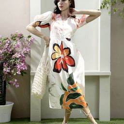 Athena Floral Print Puff Sleeve Linen Fit & Flare Midi Dress-picture-8