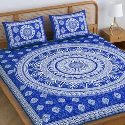 SheetKart Blue Floral Printed 104 TC Double Queen Bedsheet Set 2.38 m x 2.13 m-picture-20