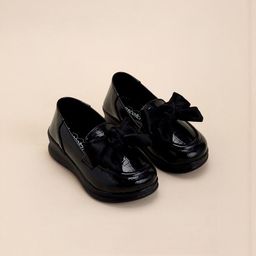 Hopscotch Girls Solid Black Textured Bow Slip-On Loafers-picture-4