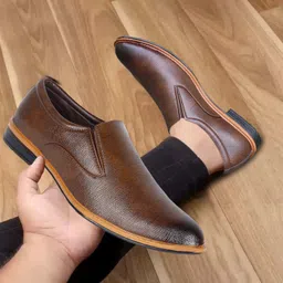 zixer Genuine Synthetic Leather Office Brown Formal Shoes For Men Branded Without Lace Derby For Men image 1