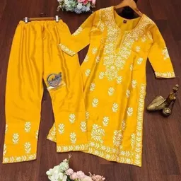 Rujave Round Neck Ethnic Motifs Embroidered Regular Chikankari Kurta with Palazzo image 5