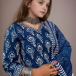 Aarya Designer Girls Floral Printed Pure Cotton Kurta With Trousers & Dupatta image 3