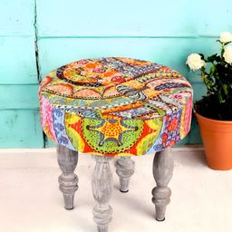 Ikiriya Orange-Colored & Grey Wooden Round Stool with Kantha Upholstery-picture-7