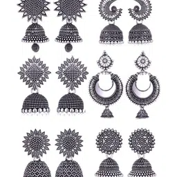 Sangria Set Of 6 Silver-Plated Stones-Studded & Beaded Oxidized Jhumka Earrings-picture-34