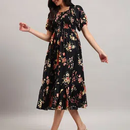 Femvy Floral Printed Square Neck Puff Sleeves Fit & Flare Midi Dress-image-70