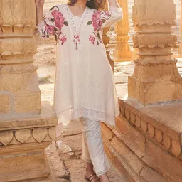 Indo Era Floral Embroidered Beads And Stones V-Neck A-Line Pure Cotton Kurta With Trousers image 2