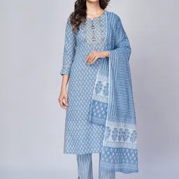 KALINI Floral Printed Sequnnied Pure Cotton Straight Kurta With Trousers & Dupatta-picture-42