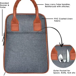 kavrixa Grey-Tan Faux Leather & Linen PVC Cotted Fabric Tiffin bag Men & Women KX-TB02 Lunch Bag image 2
