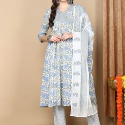 AHIKA Women Floral Printed Empire Kurta with Trousers & With Dupatta-image-51