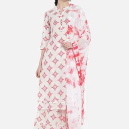 HERE&NOW Ethnic Motifs Printed Pure Cotton Kurta With Palazzos & Dupatta-picture-32