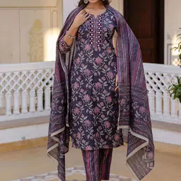 Kohsh Women Floral Printed Regular Pure Cotton Kurta with Trousers & With Dupatta image 4
