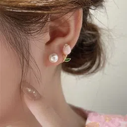 QUECY Pearls Beaded Floral Studs Earrings image 2